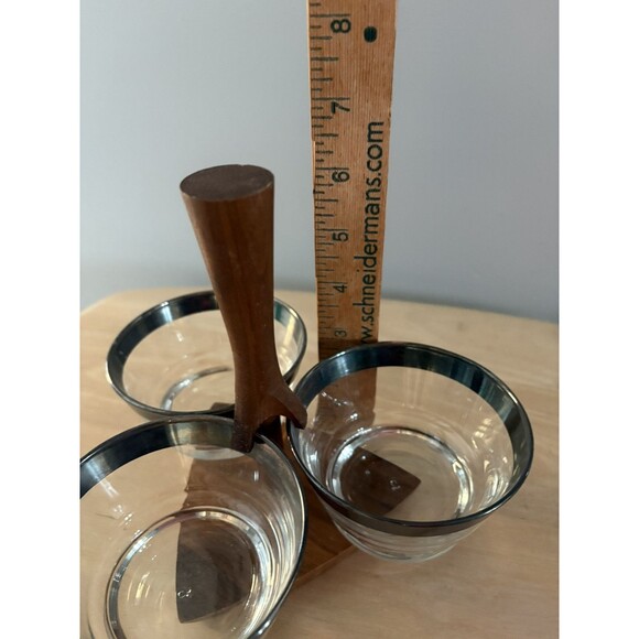 Vintage Libbey 3 Piece Glass Bowl Condiment Set w/ Wood Caddy MCM Mid Century 50 - Picture 10 of 15